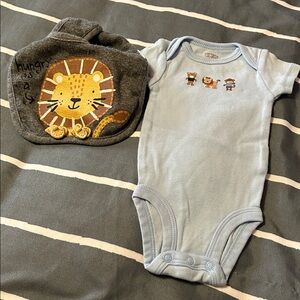 Blue Baby Onesie with Animal Print and Gray Lion Bib